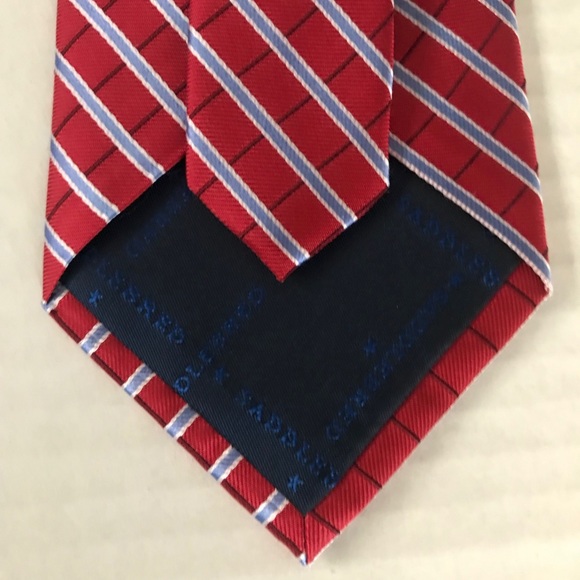 Silk Tie Stain Resistant Red Light Blue Striped Brand New Saddlebred - Picture 4 of 9